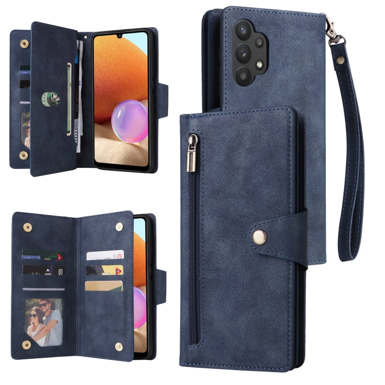 For Samsung Galaxy A32 4G Rivet Buckle 9 Cards Three Fold Leather Phone Case
