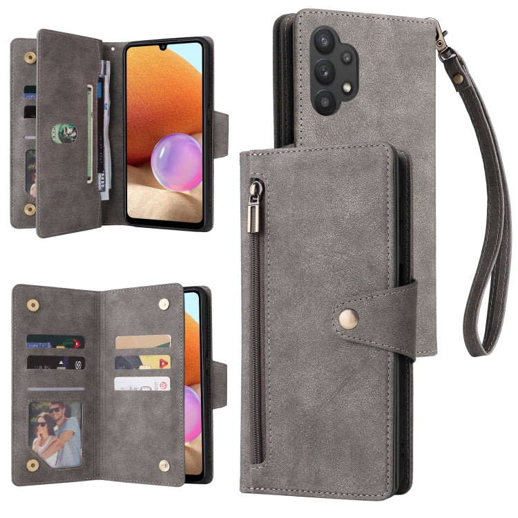 For Samsung Galaxy A32 4G Rivet Buckle 9 Cards Three Fold Leather Phone Case