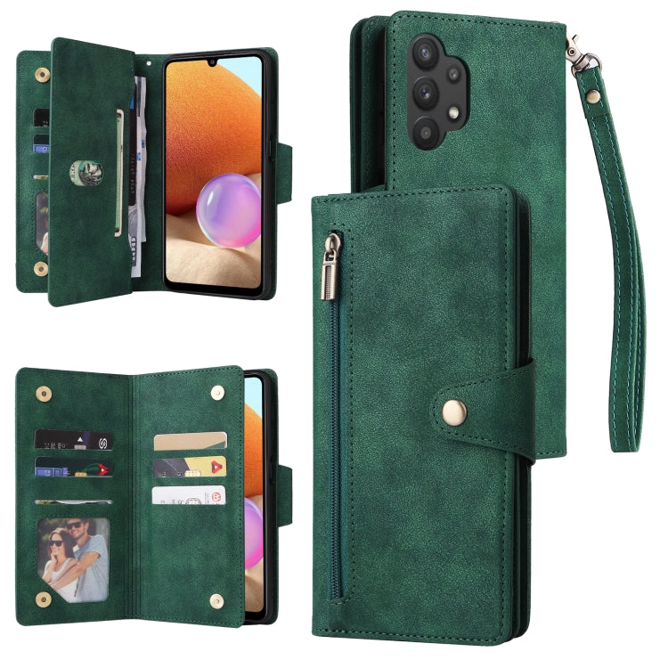 For Samsung Galaxy A32 4G Rivet Buckle 9 Cards Three Fold Leather Phone Case