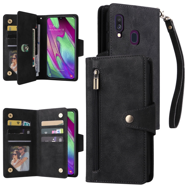 For Samsung Galaxy A40 Rivet Buckle 9 Cards Three Fold Leather Phone Case