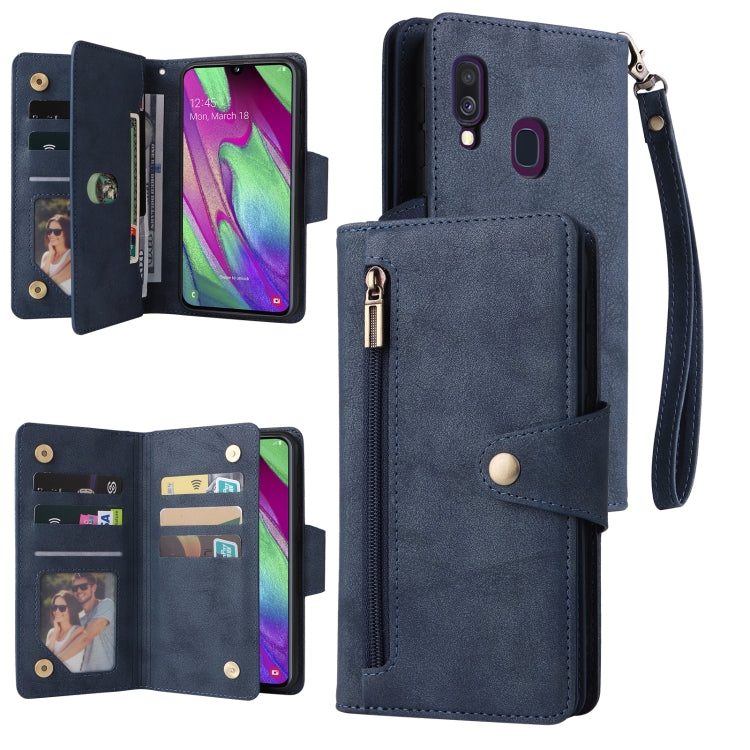 For Samsung Galaxy A40 Rivet Buckle 9 Cards Three Fold Leather Phone Case