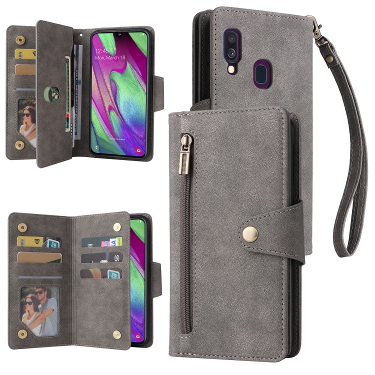 For Samsung Galaxy A40 Rivet Buckle 9 Cards Three Fold Leather Phone Case