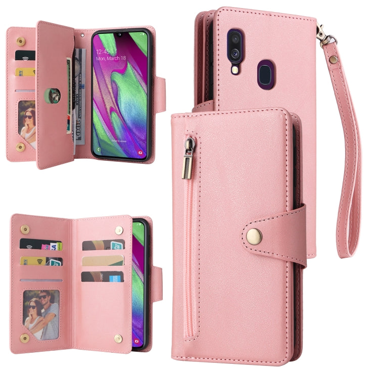 For Samsung Galaxy A40 Rivet Buckle 9 Cards Three Fold Leather Phone Case