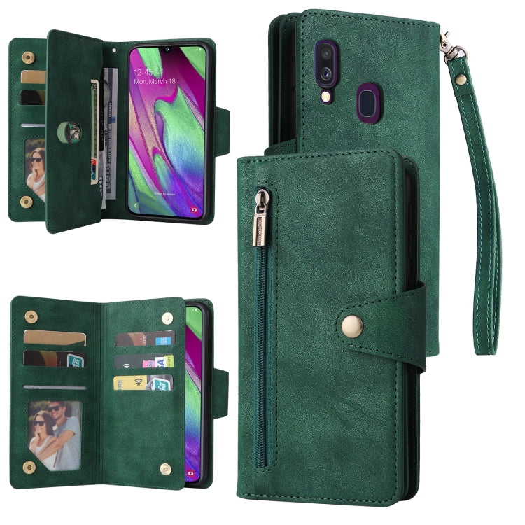For Samsung Galaxy A40 Rivet Buckle 9 Cards Three Fold Leather Phone Case
