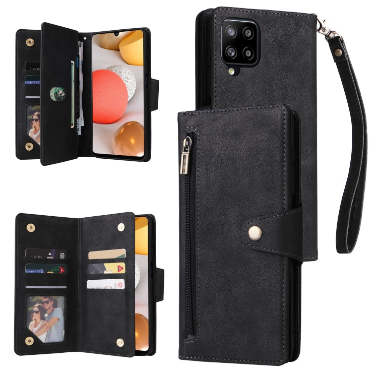 For Samsung Galaxy A42 5G Rivet Buckle 9 Cards Three Fold Leather Phone Case
