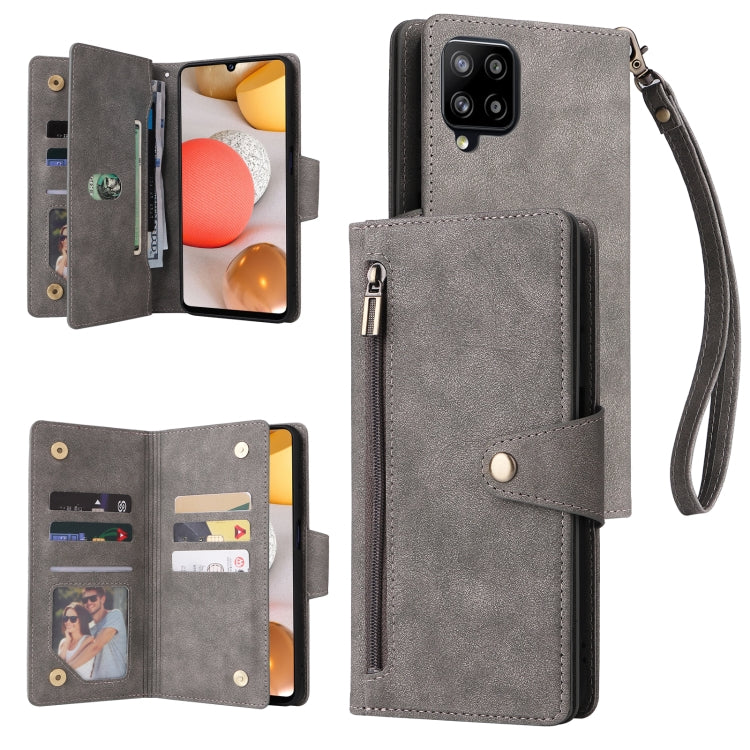For Samsung Galaxy A42 5G Rivet Buckle 9 Cards Three Fold Leather Phone Case