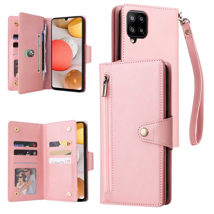 For Samsung Galaxy A42 5G Rivet Buckle 9 Cards Three Fold Leather Phone Case