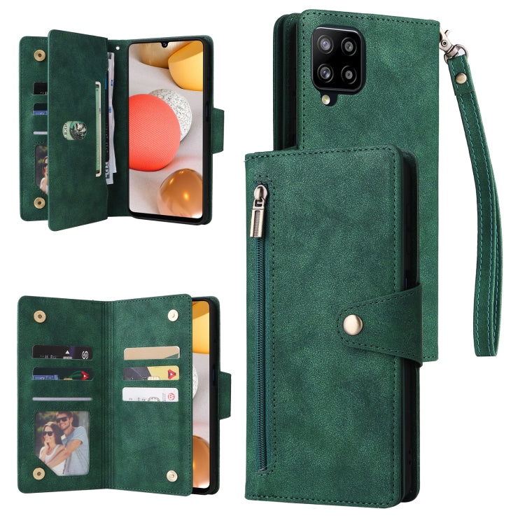 For Samsung Galaxy A42 5G Rivet Buckle 9 Cards Three Fold Leather Phone Case