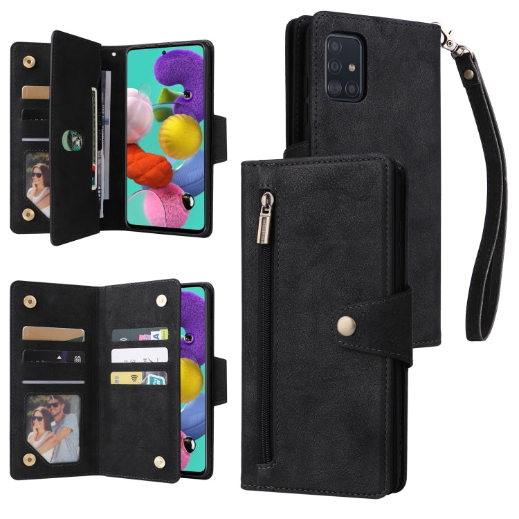 For Samsung Galaxy A51 Rivet Buckle 9 Cards Three Fold Leather Phone Case
