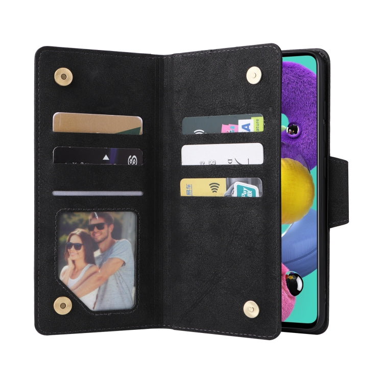 For Samsung Galaxy A51 Rivet Buckle 9 Cards Three Fold Leather Phone Case