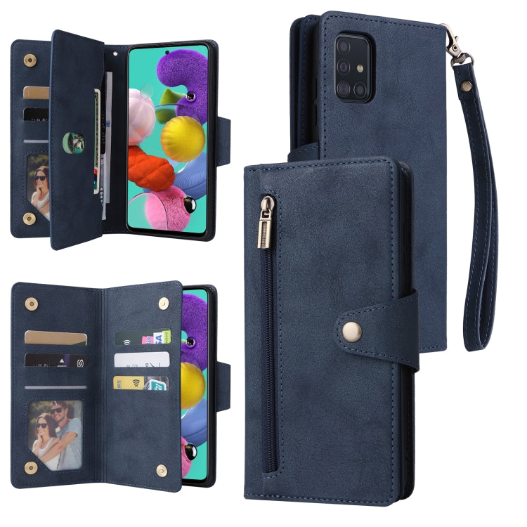 For Samsung Galaxy A51 Rivet Buckle 9 Cards Three Fold Leather Phone Case