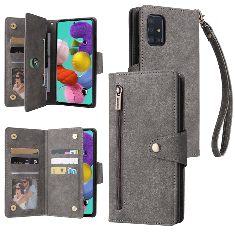For Samsung Galaxy A51 Rivet Buckle 9 Cards Three Fold Leather Phone Case