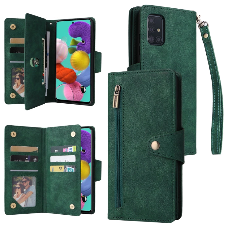 For Samsung Galaxy A51 Rivet Buckle 9 Cards Three Fold Leather Phone Case