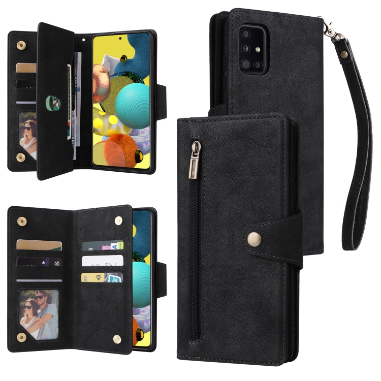 For Samsung Galaxy A51 5G Rivet Buckle 9 Cards Three Fold Leather Phone Case