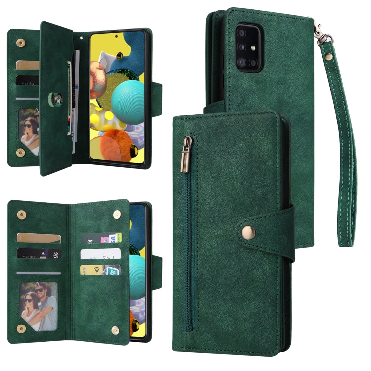 For Samsung Galaxy A51 5G Rivet Buckle 9 Cards Three Fold Leather Phone Case