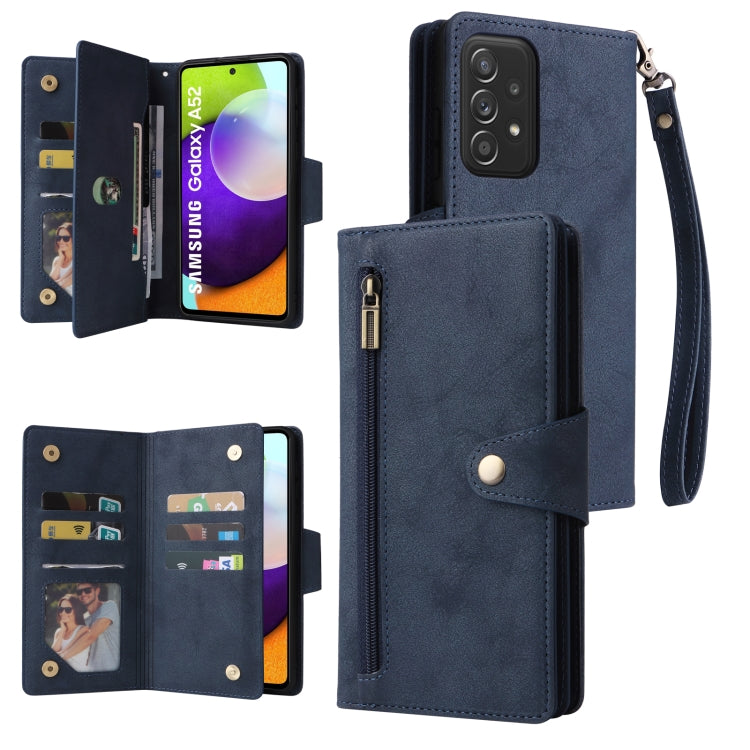 For Samsung Galaxy A52 5G Rivet Buckle 9 Cards Three Fold Leather Phone Case