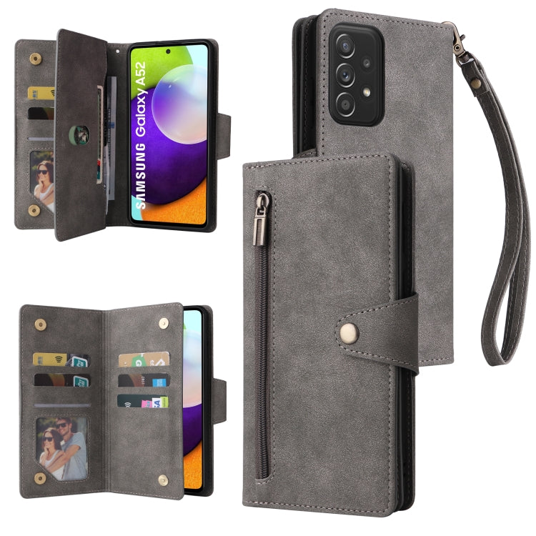 For Samsung Galaxy A52 5G Rivet Buckle 9 Cards Three Fold Leather Phone Case