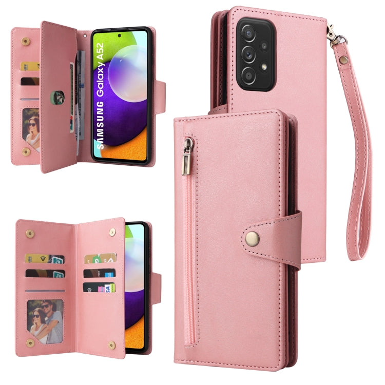 For Samsung Galaxy A52 5G Rivet Buckle 9 Cards Three Fold Leather Phone Case