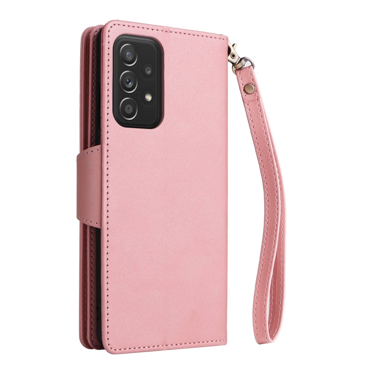 For Samsung Galaxy A52 5G Rivet Buckle 9 Cards Three Fold Leather Phone Case