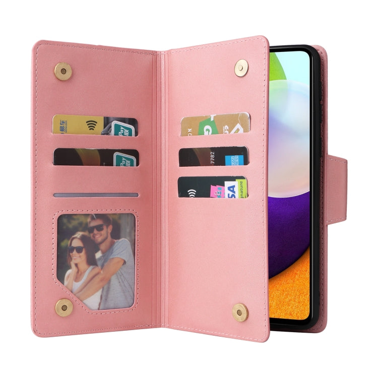 For Samsung Galaxy A52 5G Rivet Buckle 9 Cards Three Fold Leather Phone Case