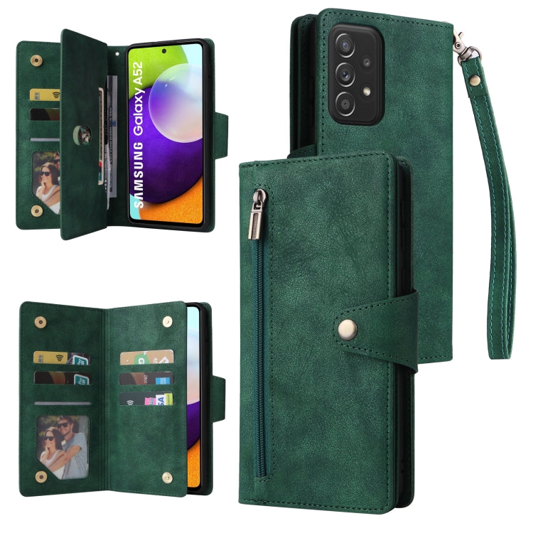 For Samsung Galaxy A52 5G Rivet Buckle 9 Cards Three Fold Leather Phone Case