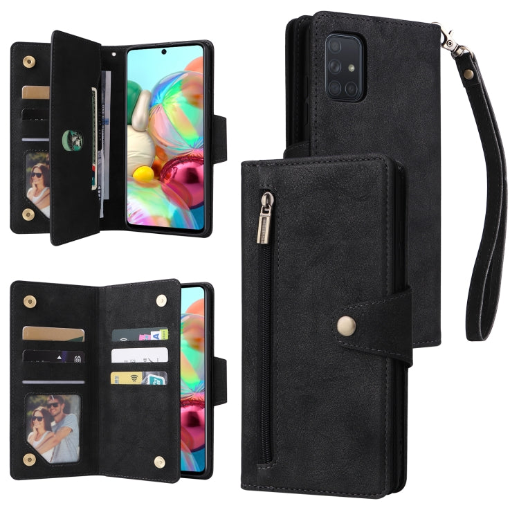 For Samsung Galaxy A71 Rivet Buckle 9 Cards Three Fold Leather Phone Case