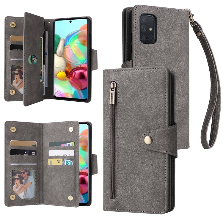 For Samsung Galaxy A71 Rivet Buckle 9 Cards Three Fold Leather Phone Case