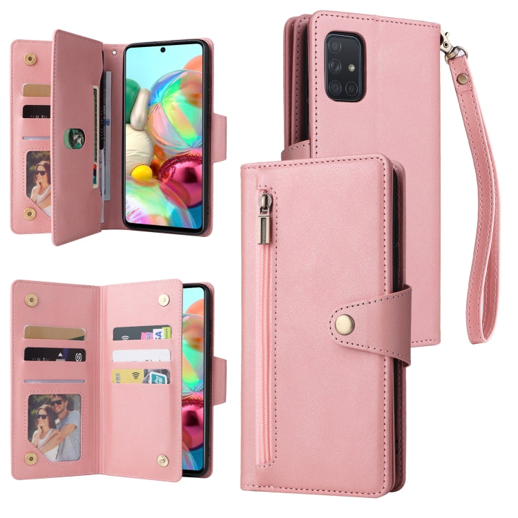 For Samsung Galaxy A71 Rivet Buckle 9 Cards Three Fold Leather Phone Case