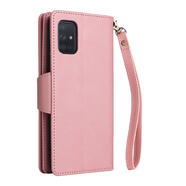 For Samsung Galaxy A71 Rivet Buckle 9 Cards Three Fold Leather Phone Case