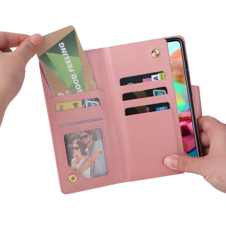 For Samsung Galaxy A71 Rivet Buckle 9 Cards Three Fold Leather Phone Case
