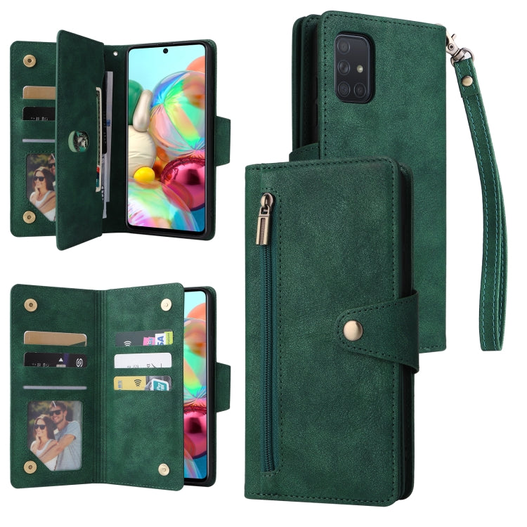 For Samsung Galaxy A71 Rivet Buckle 9 Cards Three Fold Leather Phone Case