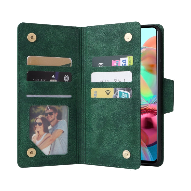 For Samsung Galaxy A71 Rivet Buckle 9 Cards Three Fold Leather Phone Case