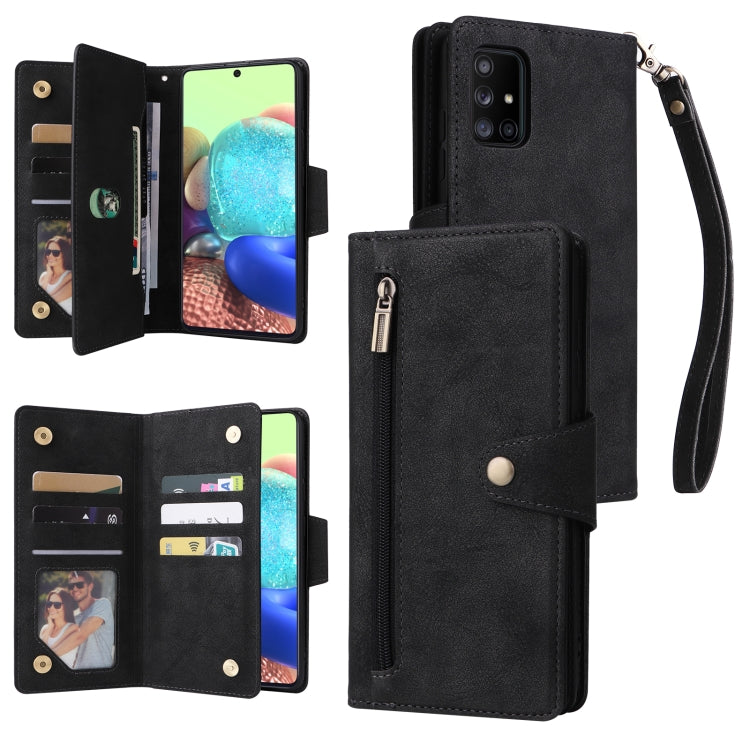 For Samsung Galaxy A71 5G Rivet Buckle 9 Cards Three Fold Leather Phone Case