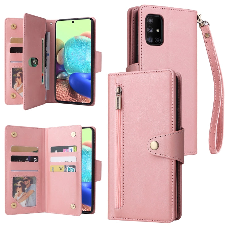 For Samsung Galaxy A71 5G Rivet Buckle 9 Cards Three Fold Leather Phone Case