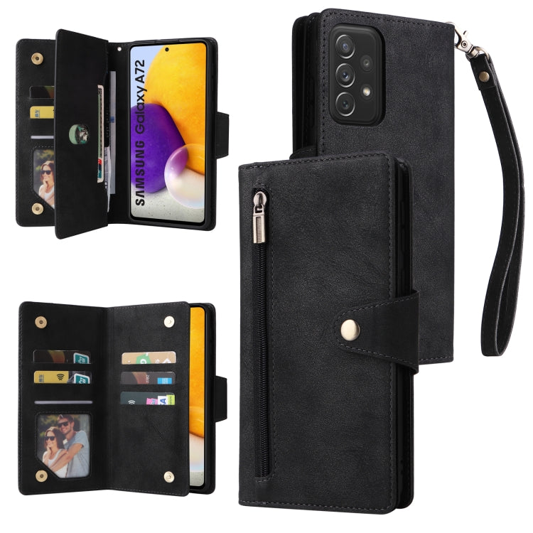 For Samsung Galaxy A72 Rivet Buckle 9 Cards Three Fold Leather Phone Case