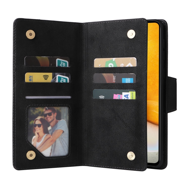 For Samsung Galaxy A72 Rivet Buckle 9 Cards Three Fold Leather Phone Case