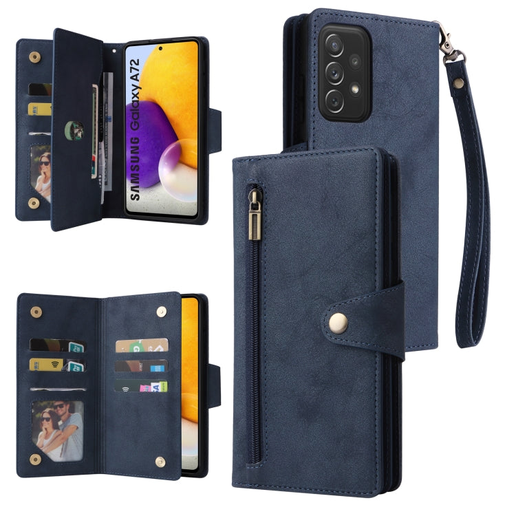 For Samsung Galaxy A72 Rivet Buckle 9 Cards Three Fold Leather Phone Case