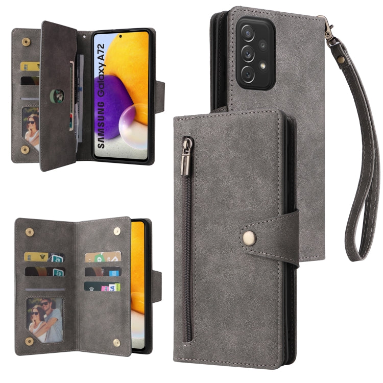 For Samsung Galaxy A72 Rivet Buckle 9 Cards Three Fold Leather Phone Case