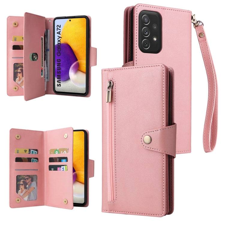 For Samsung Galaxy A72 Rivet Buckle 9 Cards Three Fold Leather Phone Case