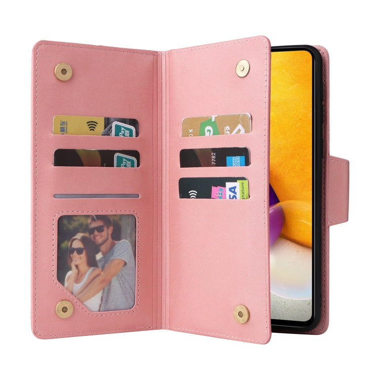 For Samsung Galaxy A72 Rivet Buckle 9 Cards Three Fold Leather Phone Case