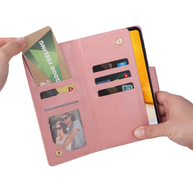 For Samsung Galaxy A72 Rivet Buckle 9 Cards Three Fold Leather Phone Case