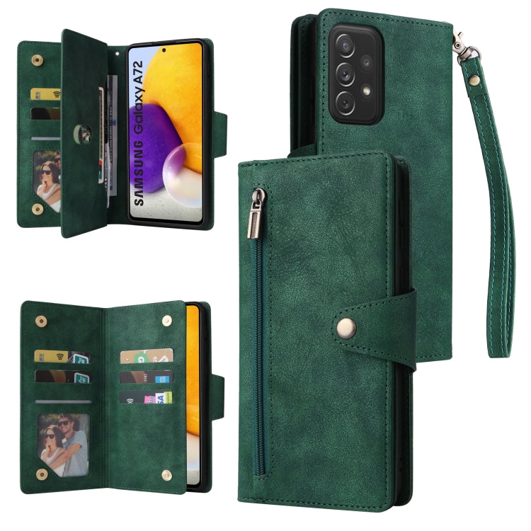 For Samsung Galaxy A72 Rivet Buckle 9 Cards Three Fold Leather Phone Case