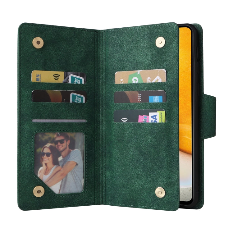 For Samsung Galaxy A72 Rivet Buckle 9 Cards Three Fold Leather Phone Case