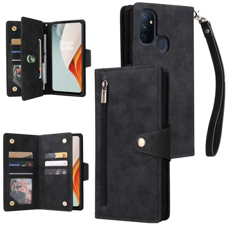 For OnePlus Nord N100 Rivet Buckle 9 Cards Three Fold Leather Phone Case