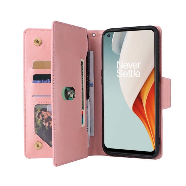 For OnePlus Nord N100 Rivet Buckle 9 Cards Three Fold Leather Phone Case