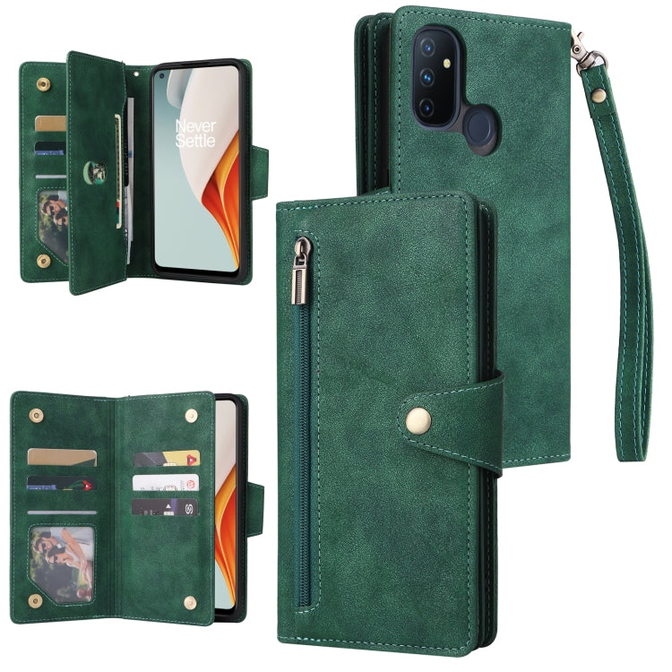 For OnePlus Nord N100 Rivet Buckle 9 Cards Three Fold Leather Phone Case
