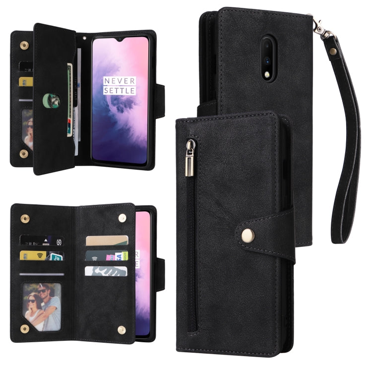 For OnePlus 7 Rivet Buckle 9 Cards Three Fold Leather Phone Case