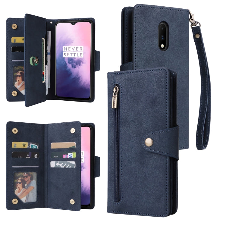 For OnePlus 7 Rivet Buckle 9 Cards Three Fold Leather Phone Case
