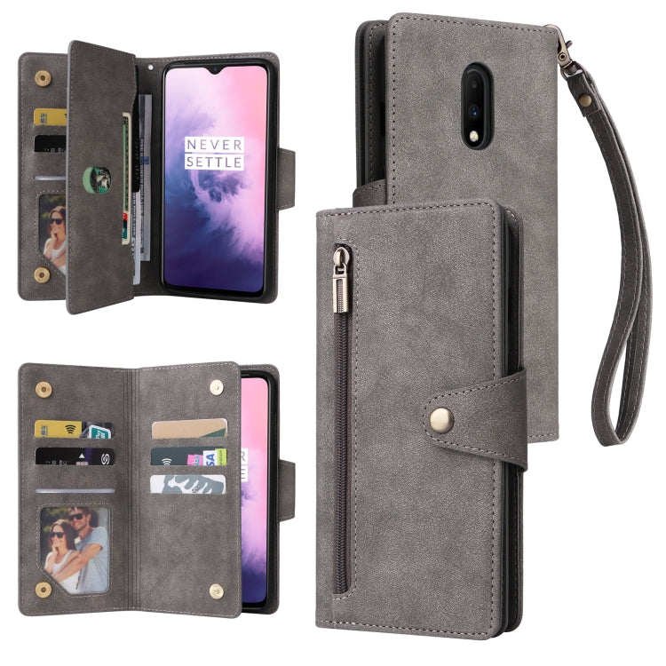 For OnePlus 7 Rivet Buckle 9 Cards Three Fold Leather Phone Case
