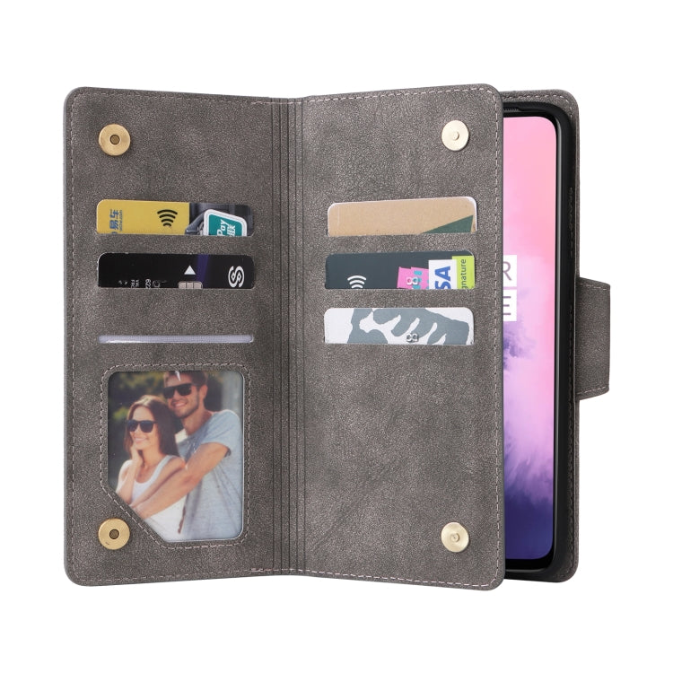 For OnePlus 7 Rivet Buckle 9 Cards Three Fold Leather Phone Case